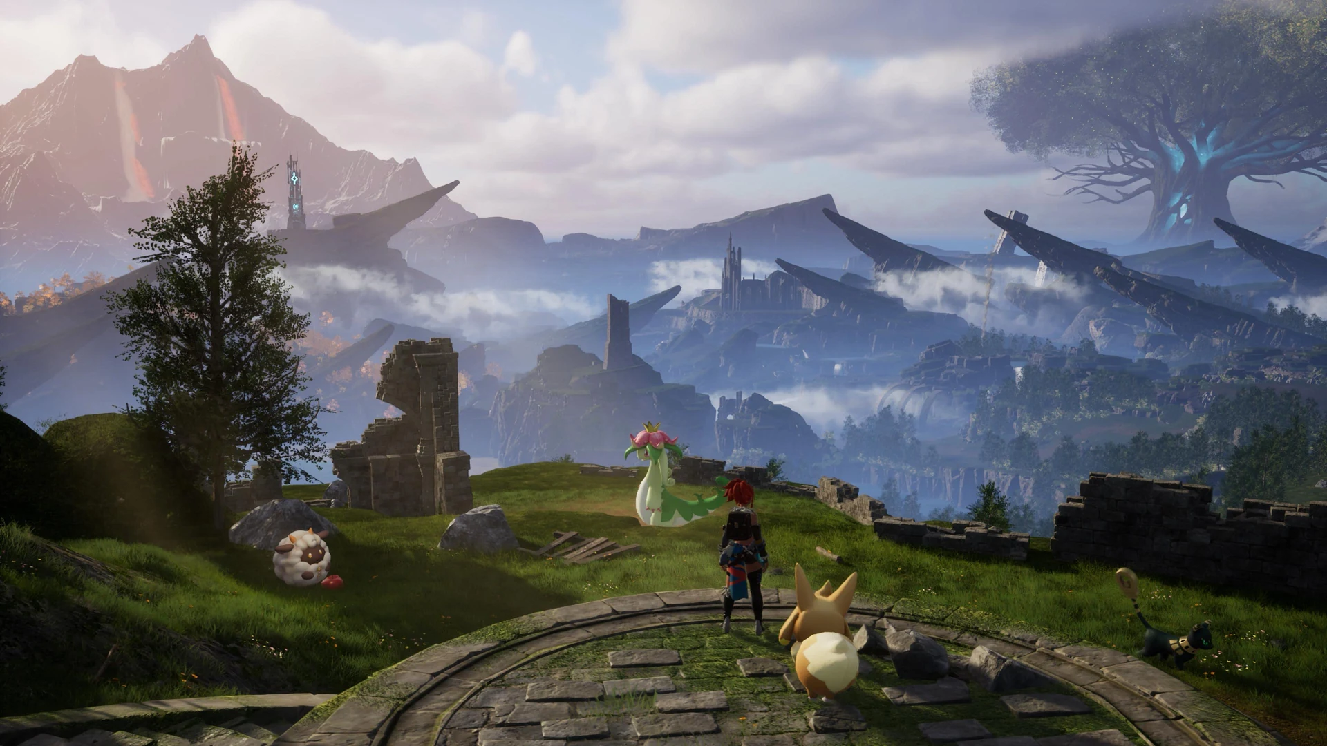 A Palworld adventurer and several Pals overlooking the islands and World Tree